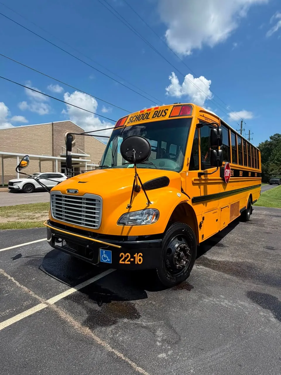 School bus cleaned in the lot